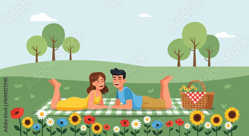 Cartoon illustration of a romantic couple enjoying a picnic in a beautiful park setting