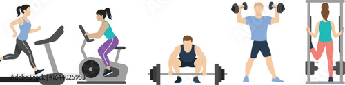 PrintFitness training illustration, gym workout exercises, cardio and strength, treadmill, cycling, weightlifting, dumbbell, squat rack, healthy lifestyle, vector design set