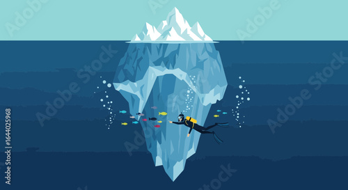 Cartoon illustration of a scuba diver exploring the underwater part of an iceberg