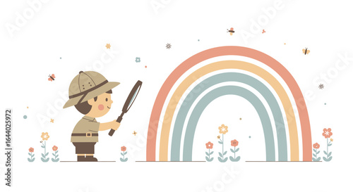 Charming vector illustration of a boy explorer observing a pastel rainbow with a magnifying glass