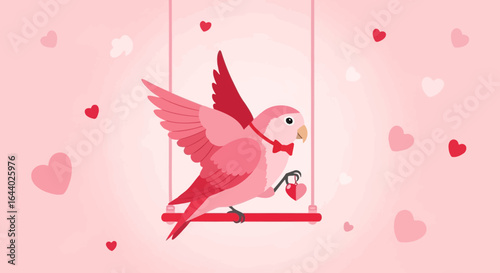Charming Valentine's Day Illustration: A Pink Bird on a Swing with Hearts and Bowtie