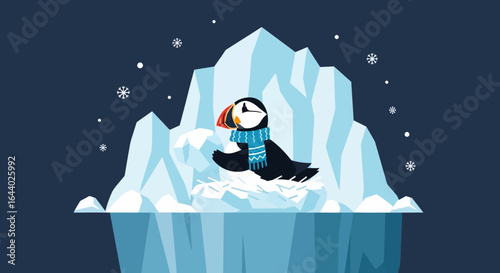 Charming vector illustration of a puffin wearing a scarf perched on an iceberg during winter snowfall
