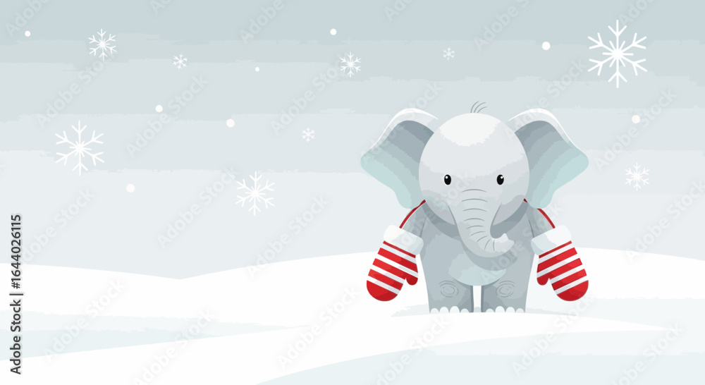 Obraz premium Charming winter scene featuring a cute cartoon elephant in mittens enjoying the snowy landscape