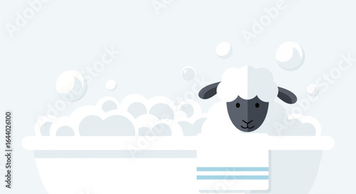 Cartoon illustration of a sheep taking a bubble bath in a tub of white and blue colors graphic resources for kids and decoration
