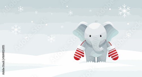 Charming winter scene featuring a cute cartoon elephant in mittens enjoying the snowy landscape