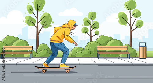 Cartoon illustration of a skateboarder in a city park on a sunny day with benches and trees showcasing an active lifestyle