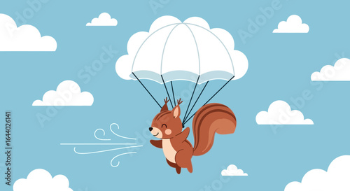 Cartoon squirrel paragliding in a blue sky with clouds adds playful charm