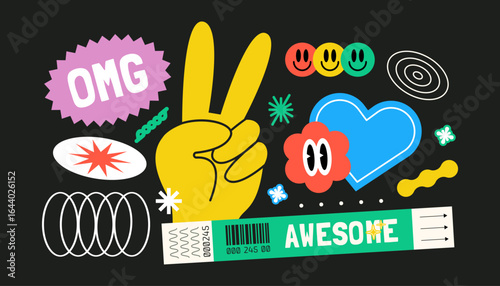  Trendy Vector Set of Retro Labels – Festival Vibes with Groovy Emojis, Quotes, Bracelets, Peace Icons and More in Bright Neon Style