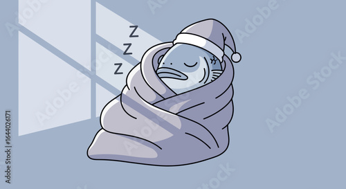 Cartoon illustration of a sleeping fish wrapped in a blanket wearing a nightcap