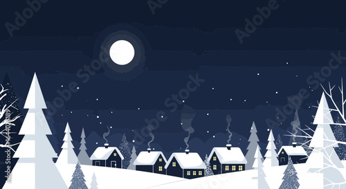 Charming winter village scene with snow-covered houses under the moonlight in a serene nightscape