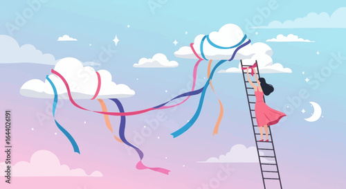 Chasing Dreams: A Woman Climbs a Ladder to Reach Clouds in a Whimsical Sky