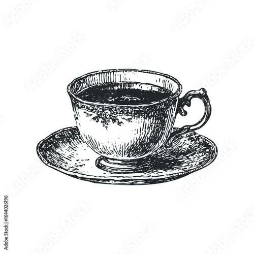 Vintage teacup and saucer with floral detail sketch