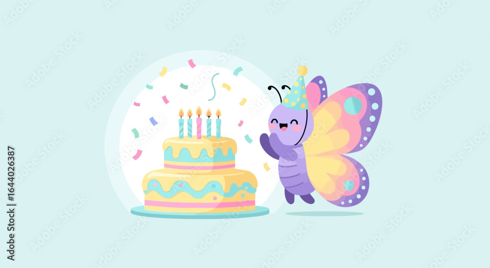 Fototapeta premium Cheerful butterfly celebrating a birthday with a colorful cake illustration