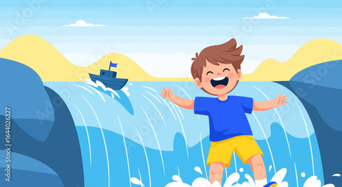 Cheerful boy enjoys water activities near a boat, promoting outdoor adventures and youthful summer fun, creating a joyful holiday scene