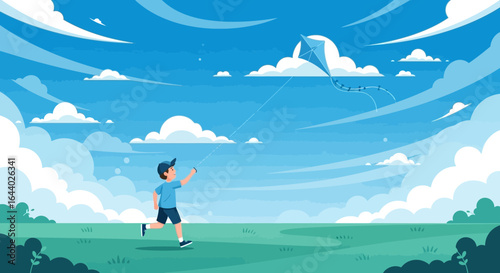 Cheerful boy running in the park with a kite enjoying freedom and clear skies, a beautiful childhood memory and outdoor fun