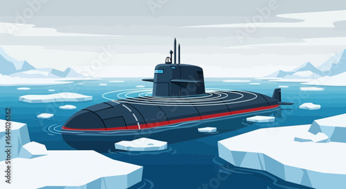 Cartoon Submarine Navigating Arctic Waters Amidst Ice Floes and Glacial Landscape