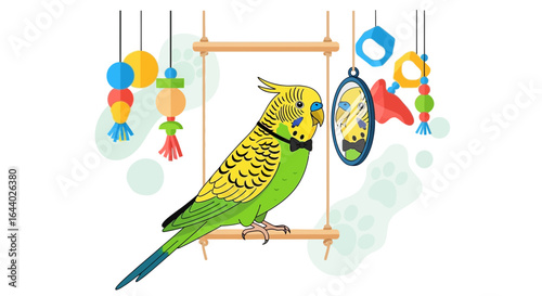 Cheerful budgerigar perched on a swing with colorful toys and a mirror, creating a whimsical scene
