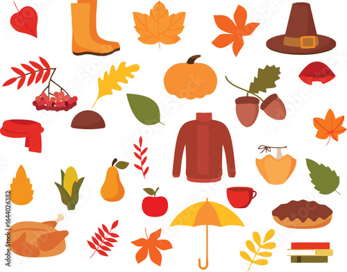 Autumn season vector illustration with leaves pumpkin and thanksgiving icons