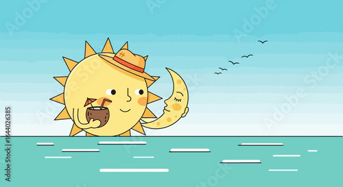 Cartoon illustration of a sun character enjoying a coconut drink at the beach with moon friend in a bright day