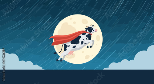 Cartoon illustration of a super cow flying in front of the moon at night sky background showcasing a fun and quirky scene