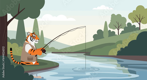 Cartoon tiger fishing in a serene river landscape perfect for childrens illustrations