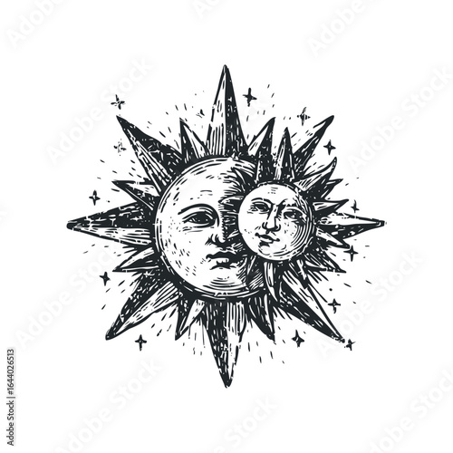 Vintage sun and moon celestial imagery with star motifs