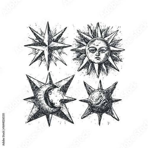 Engraved Celestial Icons Featuring Sun Moon and Star Symbols