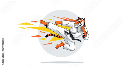 Cartoon tiger in karate uniform performing a flying kick with dynamic speed lines