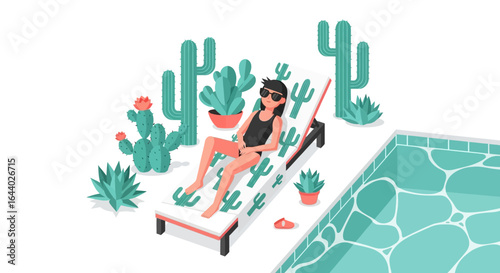 Cartoon illustration of a woman sunbathing near a pool surrounded by cactuses and succulents in summer holiday resort