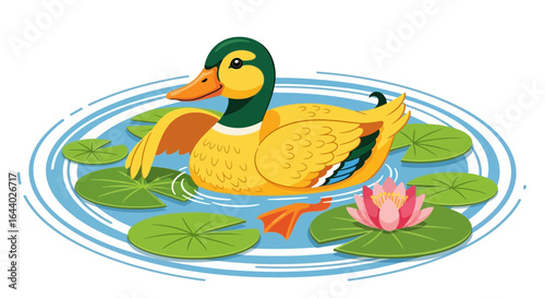 Cheerful cartoon mallard duck swimming in a pond with lily pads and a lotus flower illustration