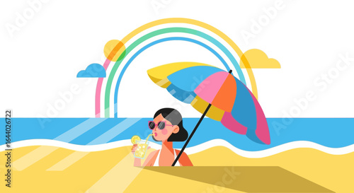 Cartoon Illustration of a woman enjoying a refreshing drink on the beach under a vibrant rainbow and umbrella