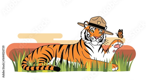 Cartoon tiger wearing a park ranger hat with butterfly in a natural habitat illustration