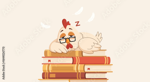 Cartoon tired chicken with glasses sleeps on stack of books adorable illustration