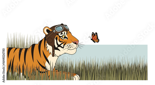 Cartoon tiger wearing aviator goggles watching a butterfly in the grass illustration