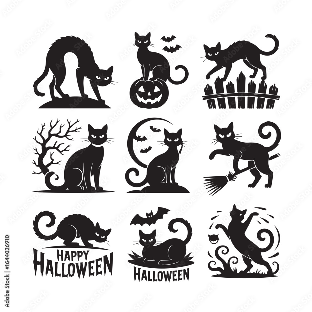 Obraz premium Collection of spooky black cat silhouettes with halloween themed elements
