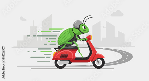Cartoon vector illustration of a green beetle riding a red scooter on a street city background. The beetle wears a grey helmet and looks determined or angry