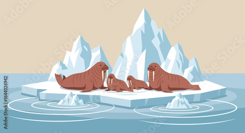 Cartoon Walrus Family Resting on an Ice Floe in the Arctic Ocean Landscape illustration