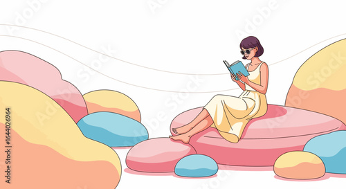 Cartoon illustration of a young woman reading a book outdoors on a colorful beanbag chair