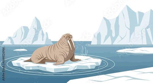 Cartoon walrus on ice floe in arctic landscape with icebergs in the background and global warming concept illustration