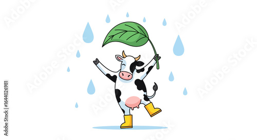 Cheerful Cow in the Rain: A Cartoon Illustration of a Dairy Animal in Rubber Boots under Leaf Umbrella