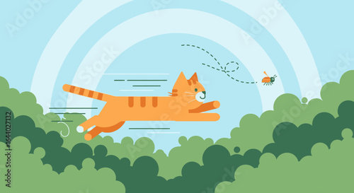 Cartoon illustration of an orange cat chasing a bug with playful and vibrant background illustration