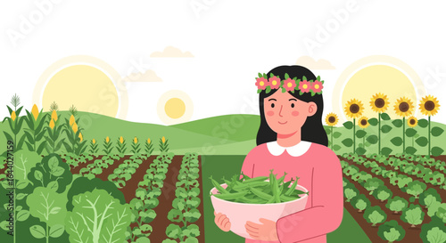 Cheerful farmer harvests fresh green beans in idyllic countryside fields
