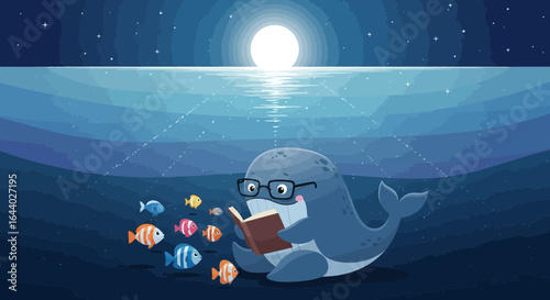 Cartoon whale wearing glasses reading book under the sea at night with full moon