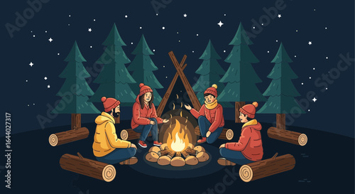 Cartoon illustration of friends gathered around a campfire under the starry sky  creating a sense of camaraderie and outdoor adventure
