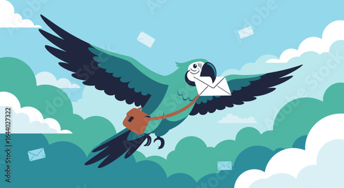Cheerful macaw delivering mail soaring through cloudy skies illustration design