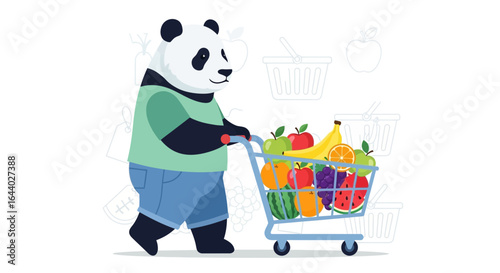 Cheerful panda character shopping for healthy produce, showcasing a vibrant fruit-filled cart and promoting a balanced diet concept