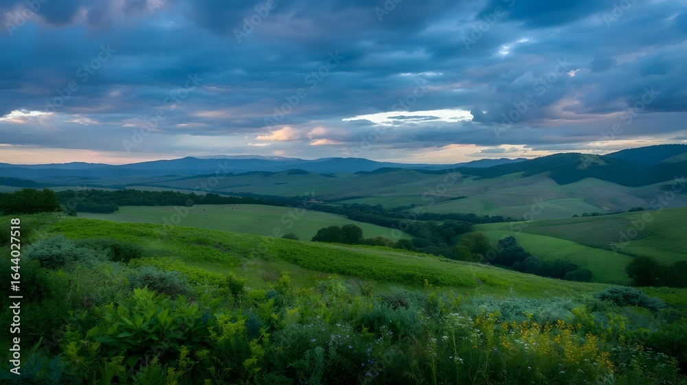 Fototapeta premium A panoramic photograph of a lush green valley with rolling hills and mountains in the background