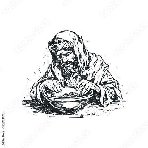 Man wearing head covering sorts beans in a bowl with both hands