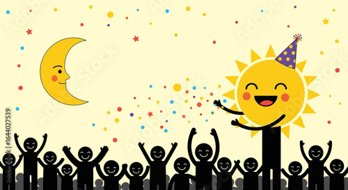 Celebration illustration of a cheerful sun and moon with an enthusiastic crowd