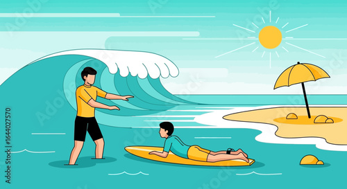 Cheerful Surfing Lesson With Instructor And Student Enjoying Sunny Beach Day